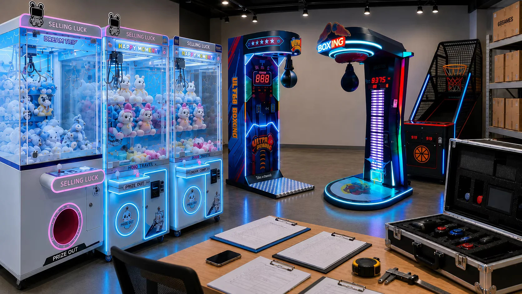 Claw machines, boxing games, and basketball arcade machine in a showroom