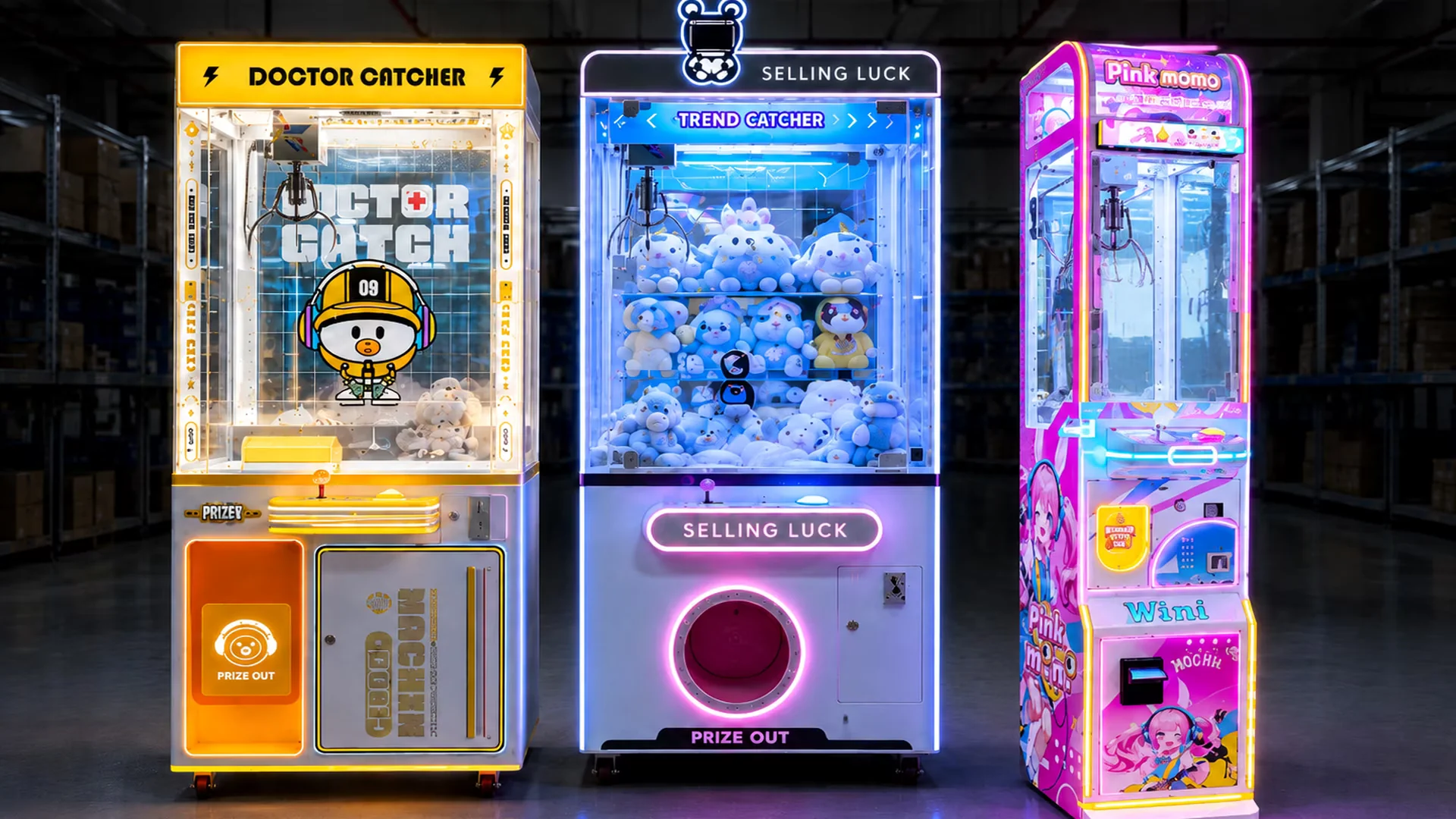 Three illuminated claw machines displayed in a dark warehouse