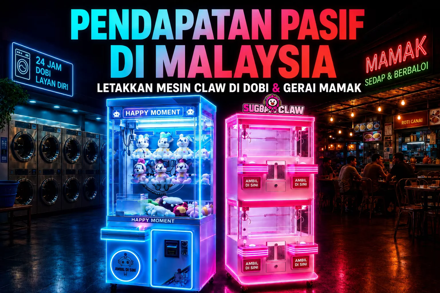 Commercial claw machines for passive income in Malaysian laundromats and Mamak stalls