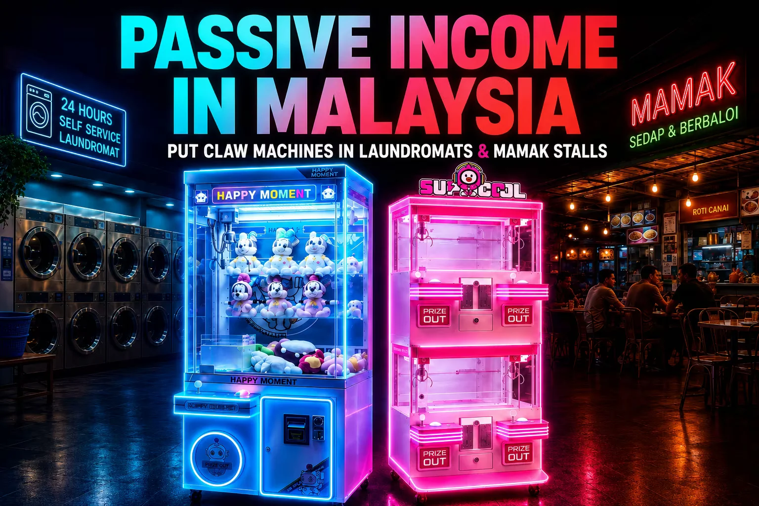 Mesin claw untuk pendapatan pasif di kedai dobi 24 jam dan restoran Mamak Malaysia