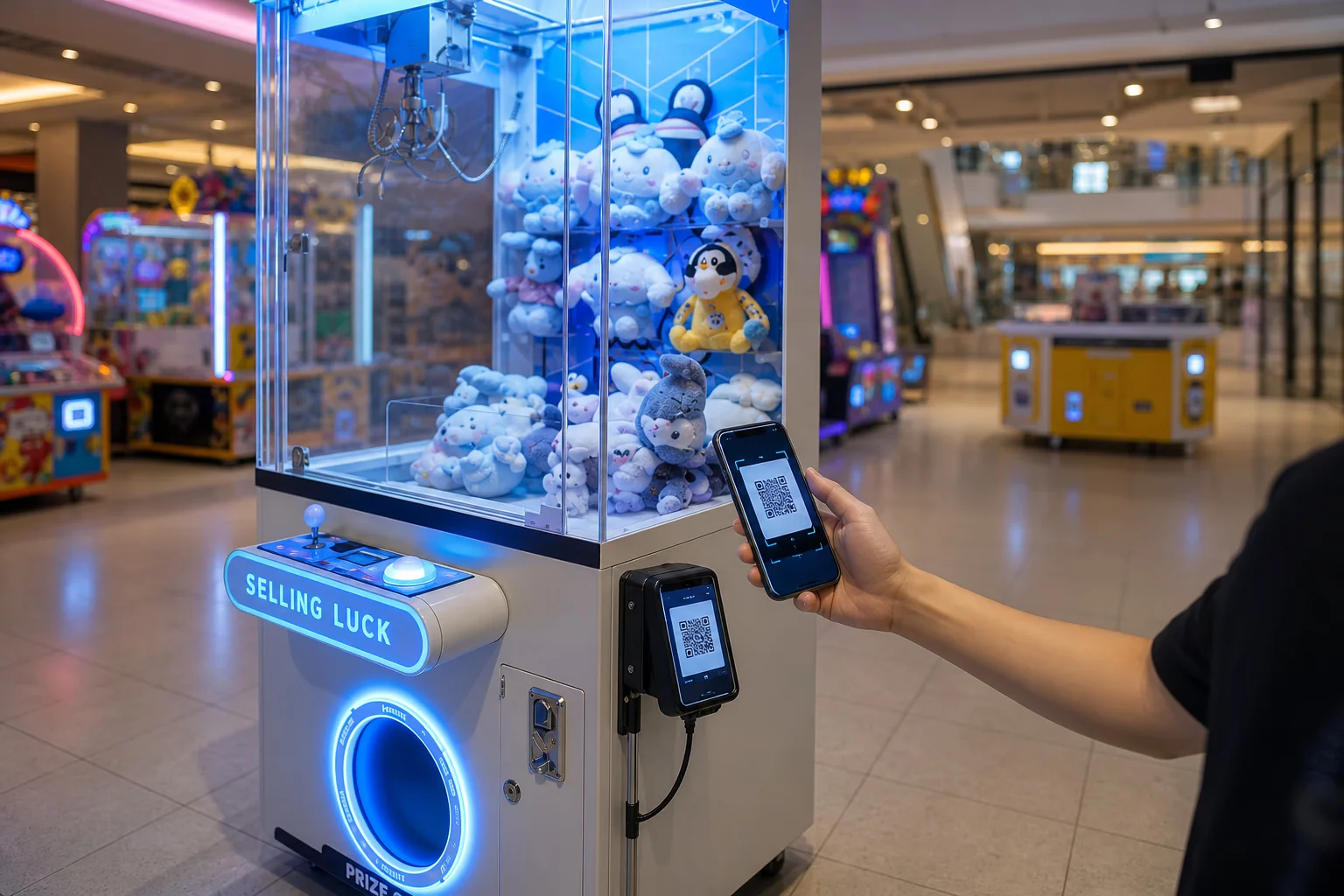 Customer scanning a cashless payment terminal mounted on a Malaysian claw machine