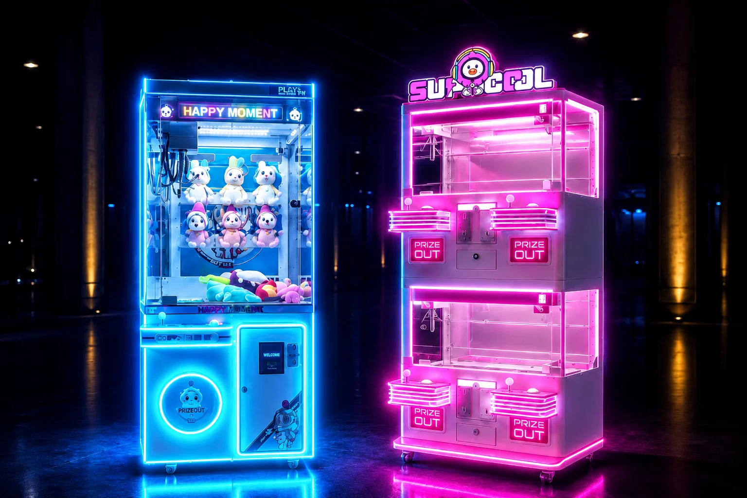 Blue and pink claw machines glowing in a dark showroom