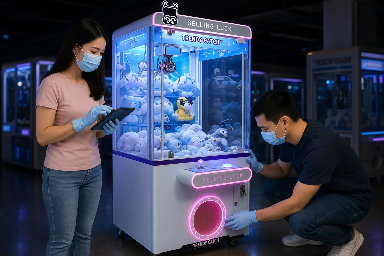 Workers inspecting a glowing claw machine in a dark arcade.