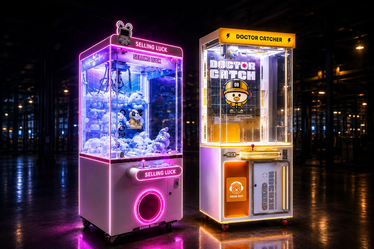 Two glowing claw machines in a dark factory showroom