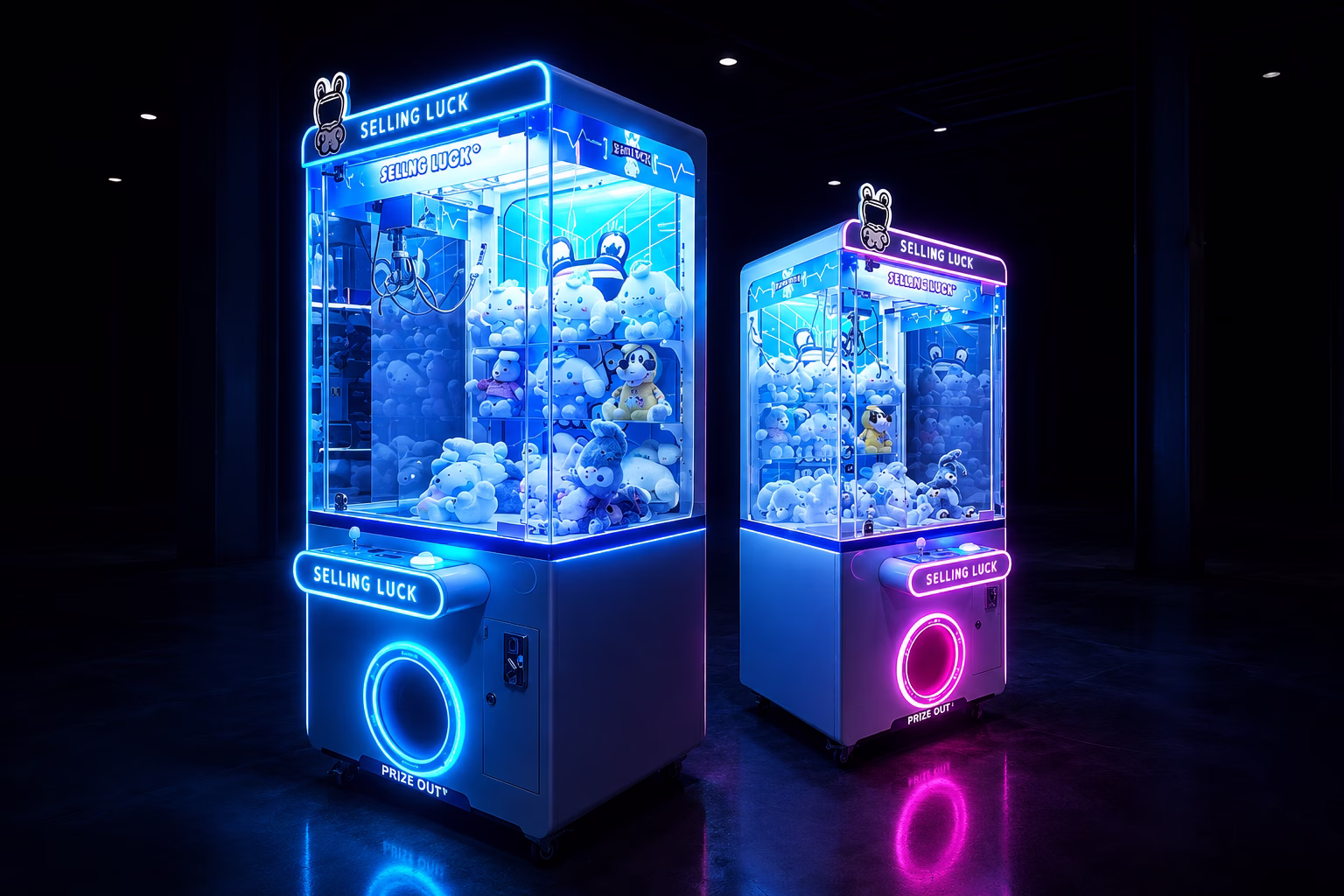 Two glowing claw machines in a dark factory showroom