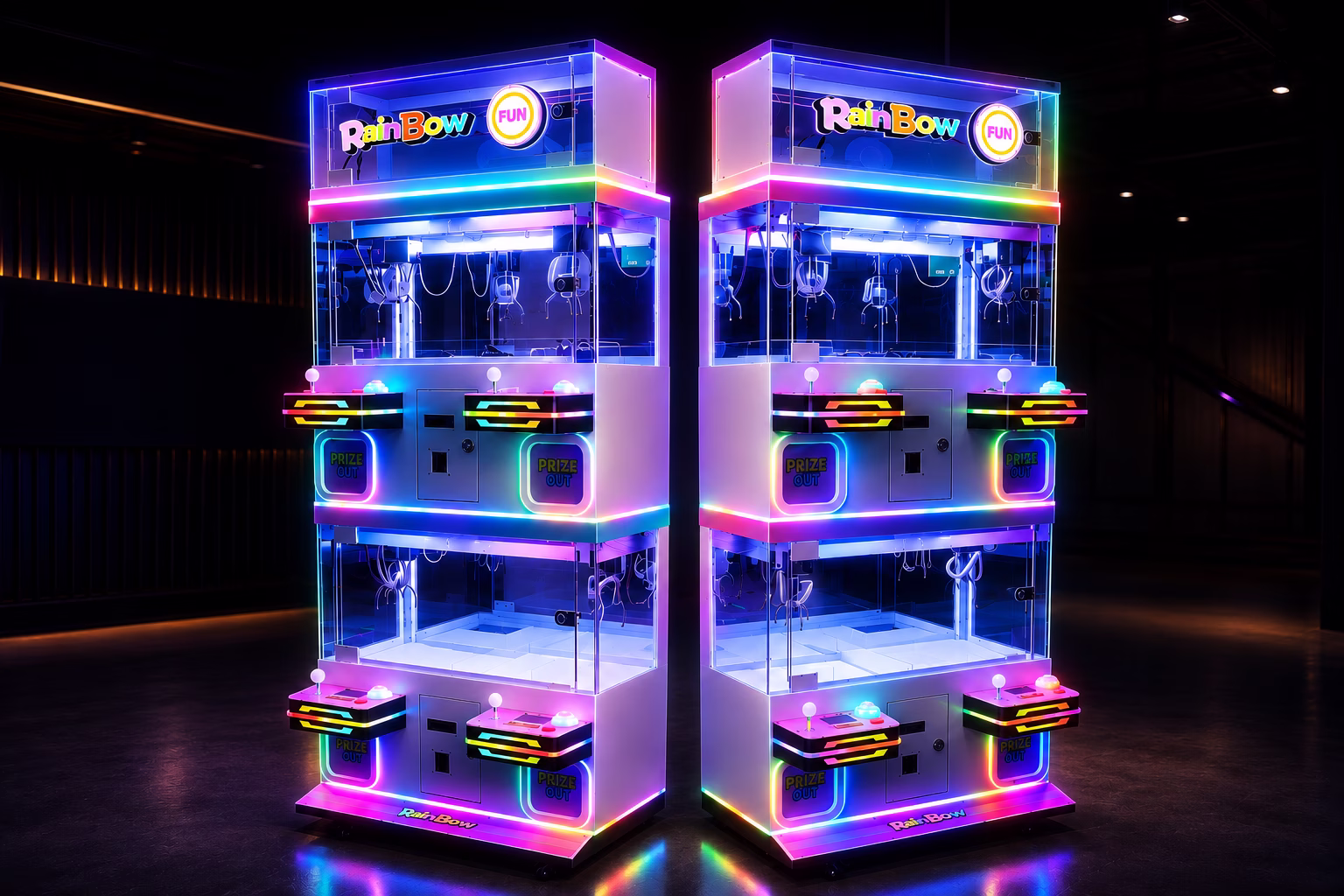 Two glowing rainbow claw machines in a dark showroom.