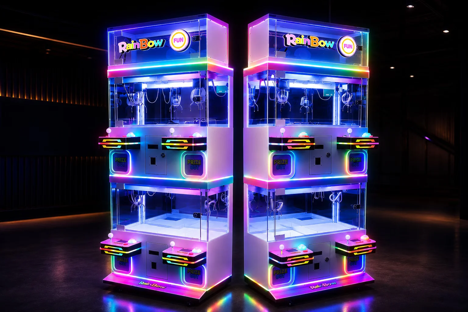 Two glowing rainbow claw machines in a dark showroom.