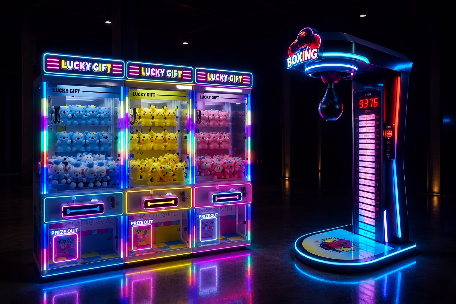Three claw machines and a boxing arcade machine in a dark showroom