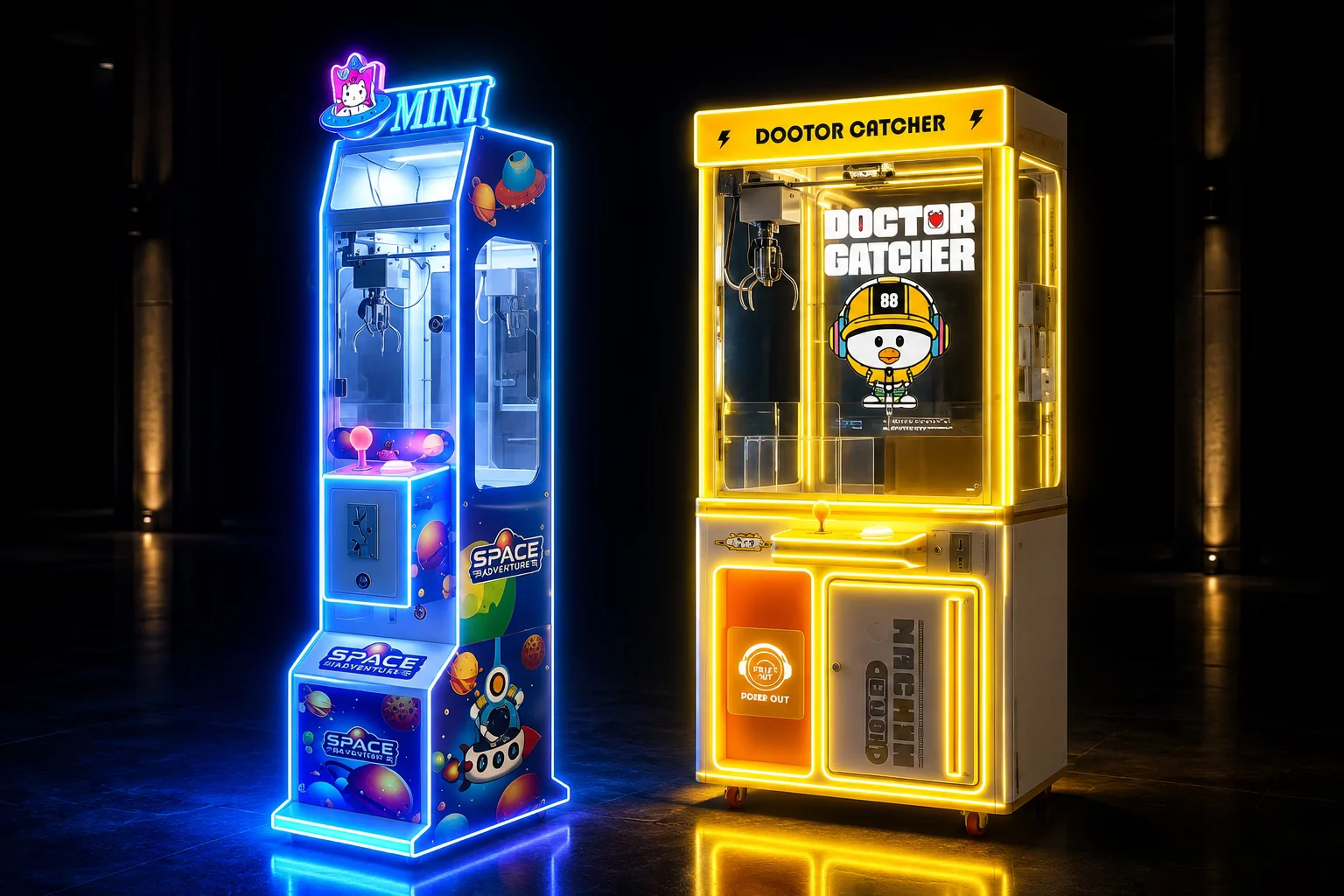 Two glowing claw machines in a dark factory showroom